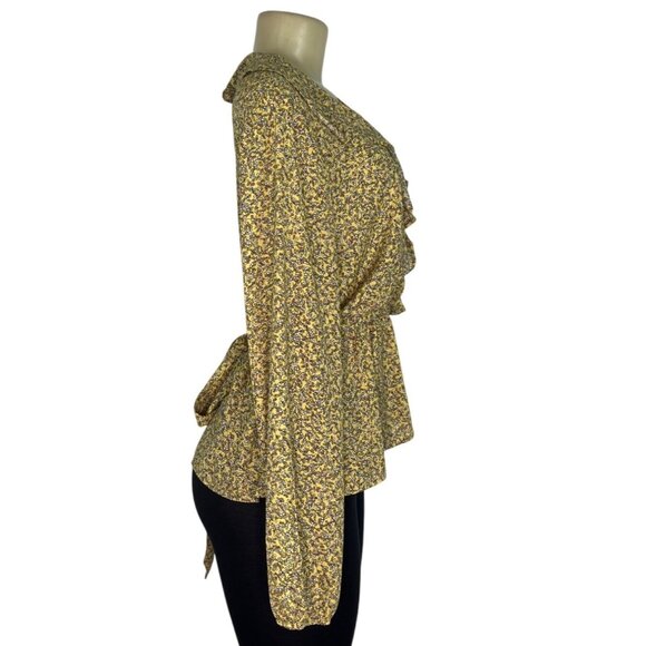 Max Studio Womens Yellow Floral Ruffle Wrap Blouse Long Sleeves Size M - Picture 2 of 6